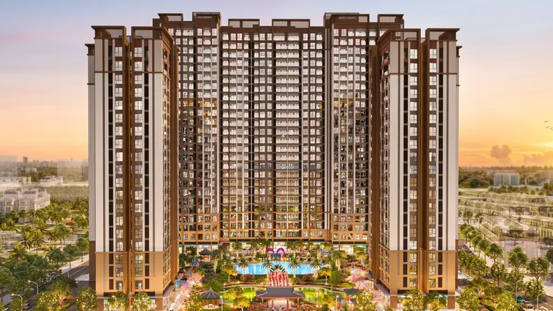 Phối cảnh mặt tiền K-Park Avenue lúc hoàng hôn, sân vườn và bể bơi giữa các tòa