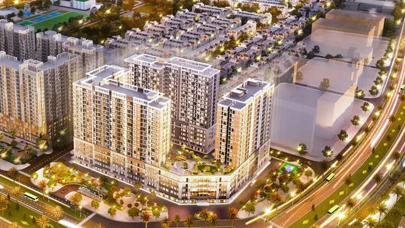 Phối cảnh cụm tòa The Sentosa về đêm, sân vườn trên khối đế